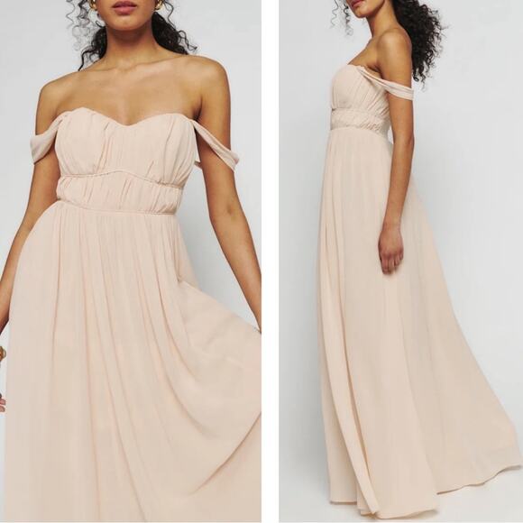 Reformation Jayde Off the Shoulder Ruched Prosecco Maxi Dress Size 6 - Picture 2 of 9